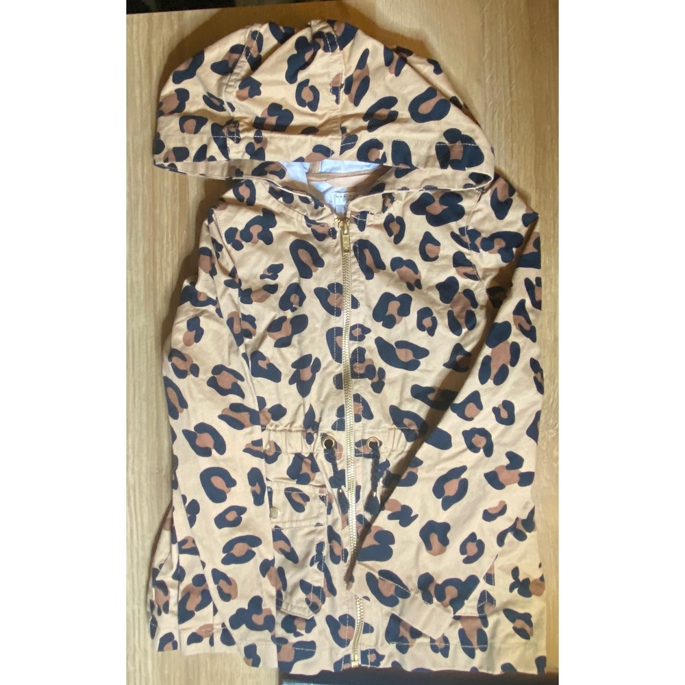Max Studio Kids Leopard Print Hooded Utility Jacket Tan Brown Size S 5/6 Cotton